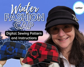 Winter Fashion Cap in 3 sizes, floral template for pin, sewing pattern and instructions, digital format-letter size paper