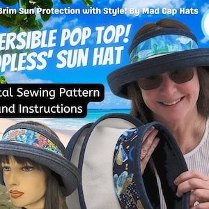 Pop Top &#39;topless&#39; Sun Hat, full brim sun visor, reversible, in digital format pdf in three adult sizes, A4 size paper