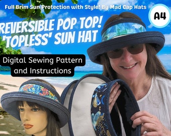 Pop Top 'topless' Sun Hat, full brim sun visor, reversible, in digital format pdf in three adult sizes, A4 size paper