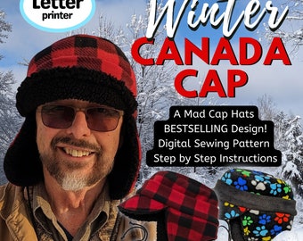 Winter Canada Cap, trapper aviator style hat, sewing pattern and instructions, digital format-Letter size paper