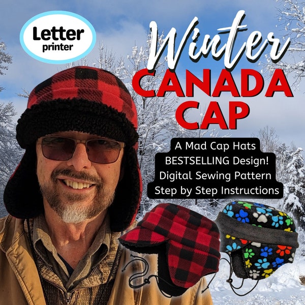 Winter Canada Cap, trapper aviator style hat, sewing pattern and instructions, digital format-Letter size paper