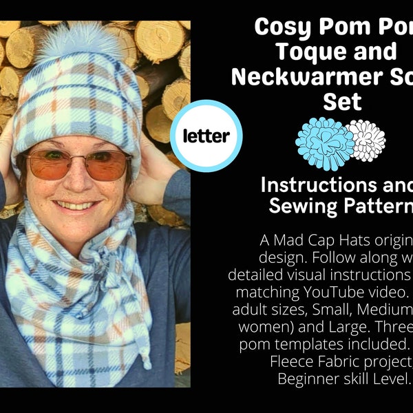 Pom Pom toque and neckwarmer set, full sewing pattern, in three head sizes, beginner level, Letter size paper size