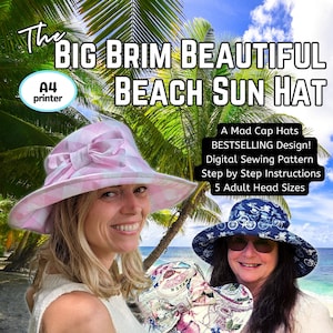 Big Brim Beautiful Sun Hat, Bucket Hat, in digital format PDF in Five adult sizes, A4 size paper