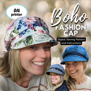 May include: Image of a Boho Fashion Cap digital sewing pattern. The main cap has a floral design with pink, blue, and white flowers. The text "A4 printer" is in a blue oval. The image also shows the cap in denim and plaid.
