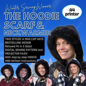 May include: A digital sewing pattern for a hoodie scarf and neck warmer. The pattern includes instructions for two styles: a mad cap hat and a bestselling design. The pattern is available in five sizes and includes projector files and step-by-step videos.