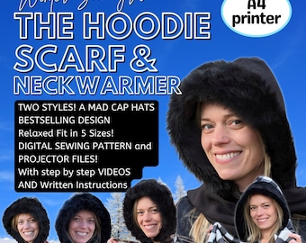 Hoodie Scarf and Neckwarmer, Digitial Sewing Pattern and instructions, for printer and projector, Five Sizes, A4 paper