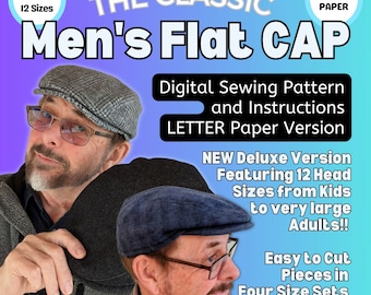 Classic Flat Cap, Deluxe Version featuring 12 Head Sizes, for men or unisex sewing pattern and instructions, digital format, Letter printer
