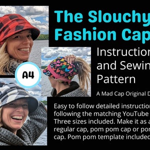 Puede incluir: Un patrón de descarga digital para una gorra de moda holgada. El patrón incluye instrucciones y un patrón de costura. La imagen muestra tres versiones diferentes de la gorra, incluyendo una gorra de cuadros rojos y negros, una gorra con estampado de corazones rosas y blancos y una gorra de cuadros negros y blancos.