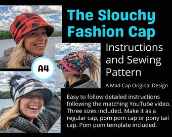 Slouchy Fashion Cap full sewing pattern, in three head sizes, perfect for fleece fabric, A4 paper size