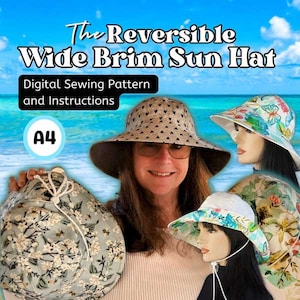 Reversible Wide Brim Sun Hat, Bucket Hat, in digital format PDF in Four adult sizes, A4 size paper