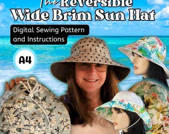 Reversible Wide Brim Sun Hat, Bucket Hat, in digital format PDF in Four adult sizes, A4 size paper