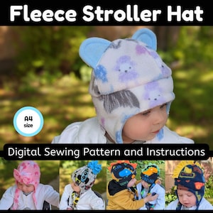 Adorabile modello di cucito e istruzioni per il cappello da passeggino in pile per bambini, carta in formato digitale A4