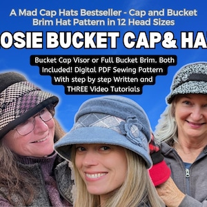 May include: Image features three women wearing different styles of bucket hats. The hats are in various colors and patterns, including a black and purple plaid, a blue hat with a flower, and a gray and white textured hat. Text on the image reads "ROSIE BUCKET CAP & HAT".