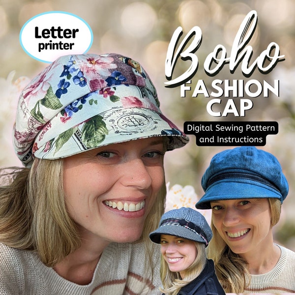Boho Fashion Cap komplettes Schnittmuster, in drei Kopfgrößen, perfekt für mittelschwere bis fast schwere Stoffe, Letter Papierformat