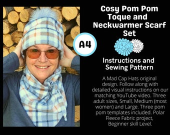 Pom Pom toque and neckwarmer set, full sewing pattern, in three head sizes, beginner level, A4 size paper size