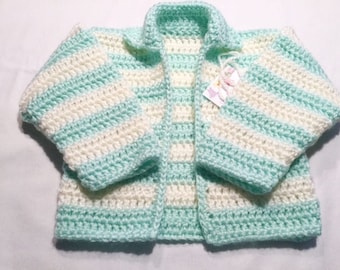 Girls Crocheted Sweater Jacket in Mint Green and White