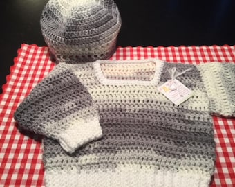 Boys Pullover Crocheted Sweater and Hat in Gray and White