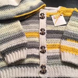 Boy Crocheted Sweater and Hat Set with Raccoon Buttons