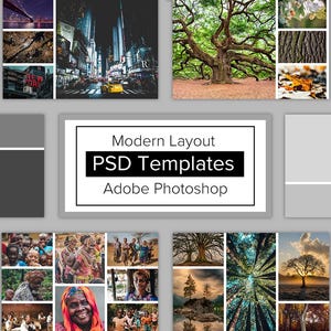 May include: A collage of images showcasing modern layout PSD templates for Adobe Photoshop. The images include a city street at night, a large tree with green leaves, a close-up of tree bark, and a variety of other nature scenes.
