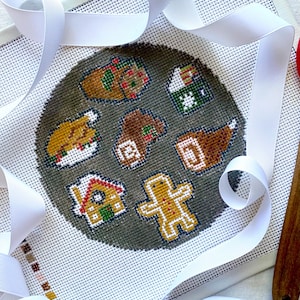 FESTIVE FEAST Hand-Painted Needlepoint Canvas | Christmas Vintage-Inspired Food Decor Hand-Painted Holiday Art | Unique DIY 13 or 18 Mesh