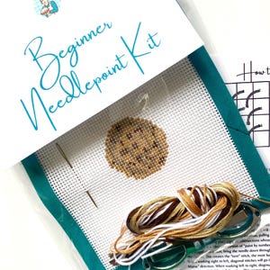 STARTER NEEDLEPOINT KIT Chocolate Chip Cookie | Hand Painted Canvas, Threads, Supplies, Instructions Beginner Stitcher Simple Easy diy