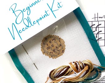 STARTER NEEDLEPOINT KIT Chocolate Chip Cookie | Hand Painted Canvas, Threads, Supplies, Instructions Beginner Stitcher Simple Easy diy