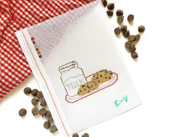 MILK AND COOKIES Hand-Painted Needlepoint Canvas | Chip Cookies |13 or 18 Mesh ndlpt Canvas | Vintage Style Kitchen Art Needlepoint Supplies