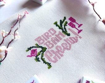 BIRD BAM CHEERS! Hand Painted Needlepoint Canvas | 18 Mesh Canvas | Pink Needlepoint Mahj