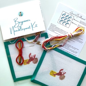 STARTER NEEDLEPOONT KIT- Crawfish Boil 13 Mesh Handmade Painted Canvas, Threads, and Supplies for Beginners  | diy Simple + Easy Project