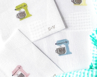 STAND MIXER Custom Color Hand-Painted MINI 18 or 13 Mesh Stitch Painted Zweigart Mono Deluxe Needlepoint Canvas | Beginner Project Bag Tag