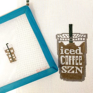 ICED COFFEE DUO Hand- Painted Needlepoint Canvas + Mini Bag Charm|  Stitch Painted Needlepoint | 13 or 18 Mesh | Iced Latte Cold Brew