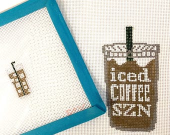 ICED COFFEE DUO Hand- Painted Needlepoint Canvas + Mini Bag Charm|  Stitch Painted Needlepoint | 13 or 18 Mesh | Iced Latte Cold Brew