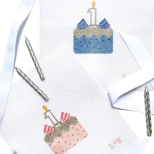 SMASH CAKE First Birthday Cake Hand-Painted Needlepoint Canvas |  Stitch Painted Zweigart Monodeluxe Canvas | 13 Mesh Blue or Pink