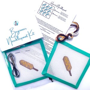 STARTER NEEDLEPOINT KIT Corndog | Hand Painted Canvas, Threads, Supplies, Instructions | Beginner Stitcher | Simple Easy diy Project 13m