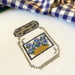 HYDRANGEA BASKET Mason Jar | Needlepoint Canvas | 13 Mesh Holiday Jars Collection | Memorial Day Summer | Hand Painted | Beginner Project