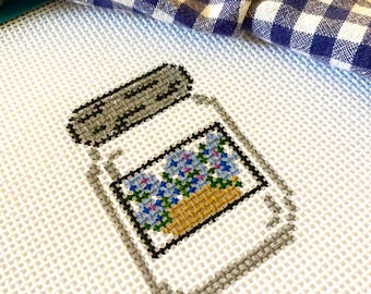 HYDRANGEA BASKET Mason Jar | Needlepoint Canvas | 13 Mesh Holiday Jars Collection | Memorial Day Summer | Hand Painted | Beginner Project