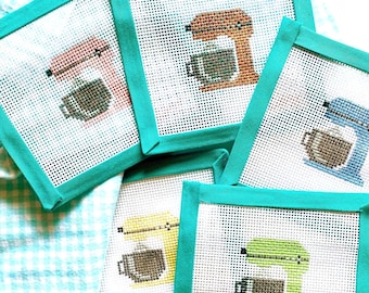STAND MIXER Custom Color Hand-Painted MINI 18 or 13 Mesh Stitch Painted Zweigart Mono Deluxe Needlepoint Canvas | Beginner Project Bag Tag