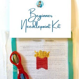 STARTER NEEDLEPOINT KIT French Fries | 13 Mesh Hand-Painted Canvas, Threads, Instructions, Beginner Supplies for New Stitchers | diy Project