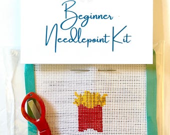 STARTER NEEDLEPOINT KIT French Fries | Hand-Painted Canvas, Threads, Instructions, Beginner Supplies for New Stitchers | diy Project