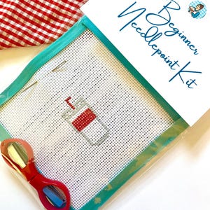 STARTER NEEDLEPOINT KIT Soda Cup | 13Mesh Hand-Painted Canvas, Threads, Instructions, Beginner Supplies for New Stitchers Simple diy Project