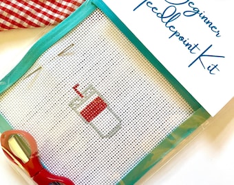STARTER NEEDLEPOINT KIT Soda Cup | 13Mesh Hand-Painted Canvas, Threads, Instructions, Beginner Supplies for New Stitchers Simple diy Project