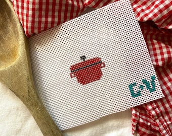 RED DUTCH OVEN Hand-Painted Mini Needlepoint Canvas Canvas Stitch Painted | Beginner Project |  13 or 18 Mesh | Bag Tag or Charm