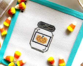 PUMPKIN MASON JAR | Needlepoint Canvas | 13 Mesh Holiday Jars Collection | Autumn Fall Halloween | Hand Painted | Beginner Project