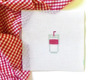 SODA CUP with straw Mini | 18 or 13 Mesh Hand Stitch Painted Zweigart Mono Deluxe  Soda Pop Needlepoint Canvas | Beginner Bag Tag