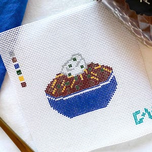 BOWL OF CHILI Hand Painted Needlepoint Canvas | 13 or 18 Mesh Canvas | Vintage Style Diner Bowl | Needlepoint Supplies | Unique Home Decor