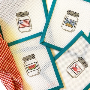 SUMMER MASON JAR Quad | Needlepoint Canvas | 13 Mesh Holiday Jars Collection | Memorial Day July 4 | Hand Painted | Beginner Project