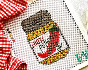 PEPPER JELLY JAR | Vintage Style Hand Painted Needlepoint Canvas |  Stitch Painted Zweigart Mono Deluxe Needlepoint Canvas | 13 or 18 Mesh