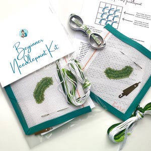 STARTER NEEDLEPOINT KIT Mini Pickle | Hand Painted Canvas, Threads, Supplies, Instructions | Beginner Stitcher | Simple Easy diy Project 13m