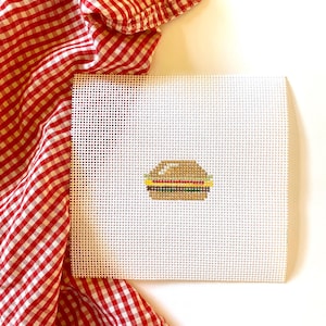 CHEESEBURGER Mini Hand-Painted Needlepoint | 18 or 13 Mesh Stitch Painted Zweigart Mono Deluxe| Hamburger Burger | Beginner Project Bag Tag