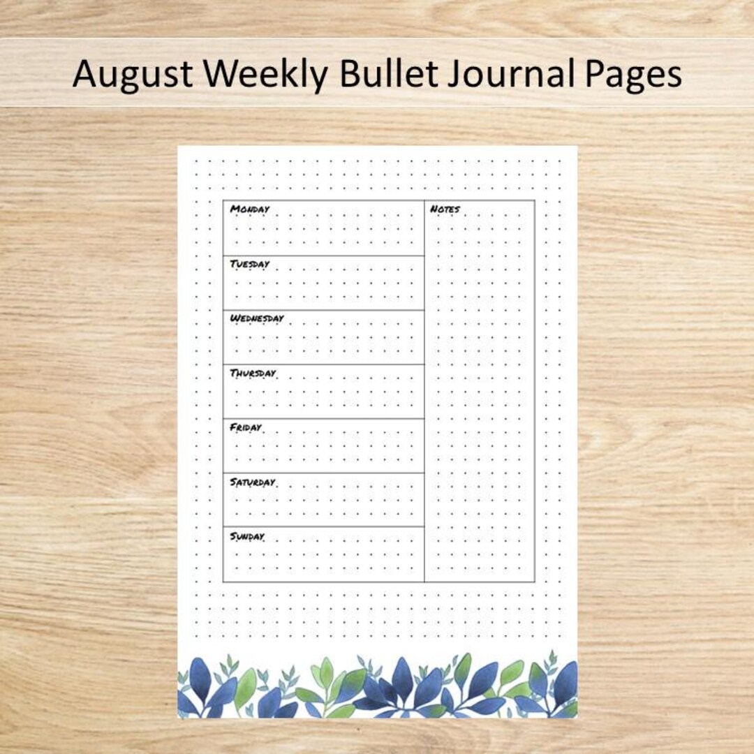 August Weekly Printable Bullet Journal Page With Hand-drawn Leaves, in ...